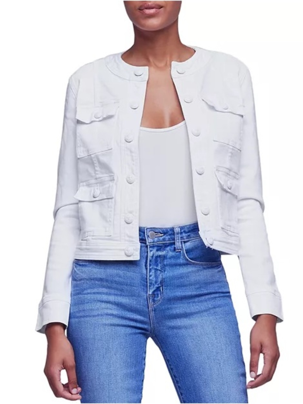 L’AGENCE Yari White Collarless Crest Button Denim Jacket Like New Size Large